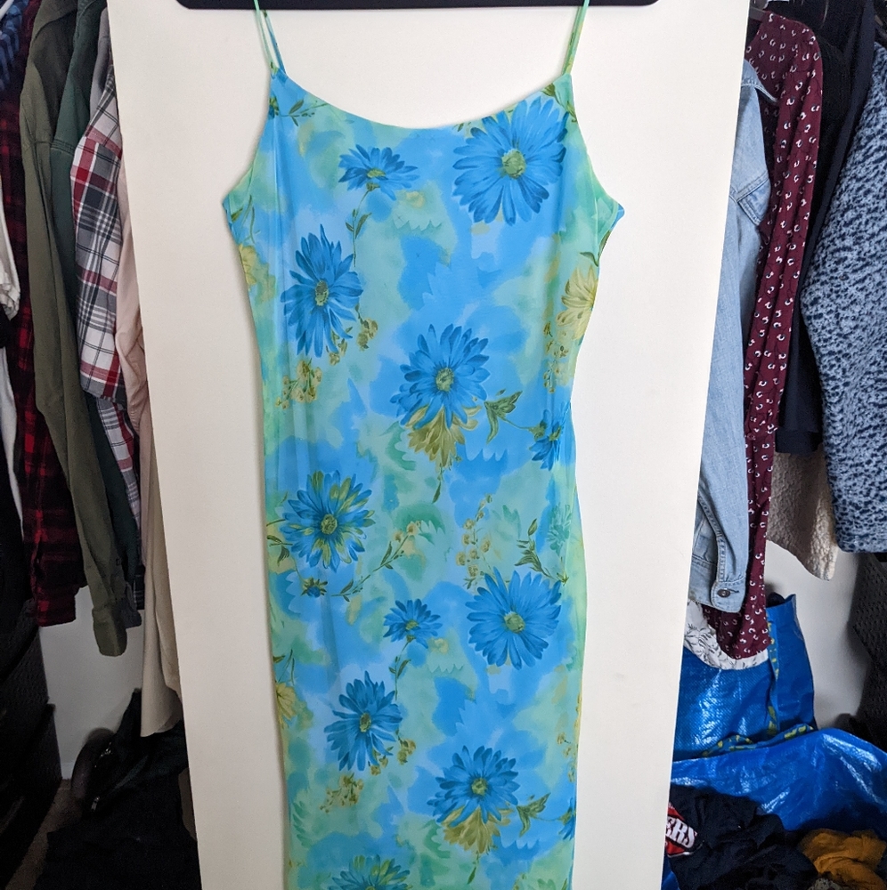 Blue & Green Chesley Floral Watercolor 90's Spaghetti Strap Dress